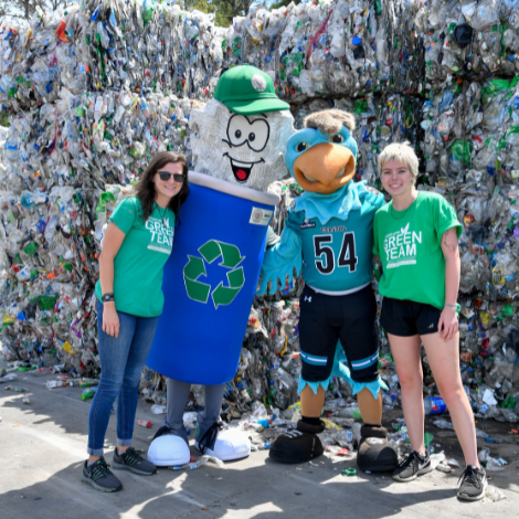 Green Team, CCU Chauncey mascot and Horry County SWA mascot Bruce at the Horry County Materials Recycling Facility