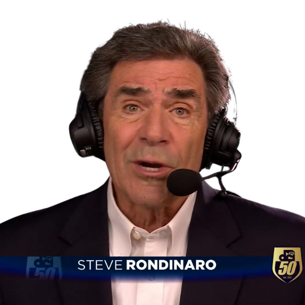 Headshot of Steve Rondinaro wearing television play-by-play headphones and microphone