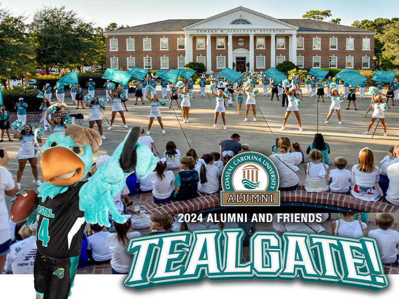 Photo of the CCU marching band and cheerleaders