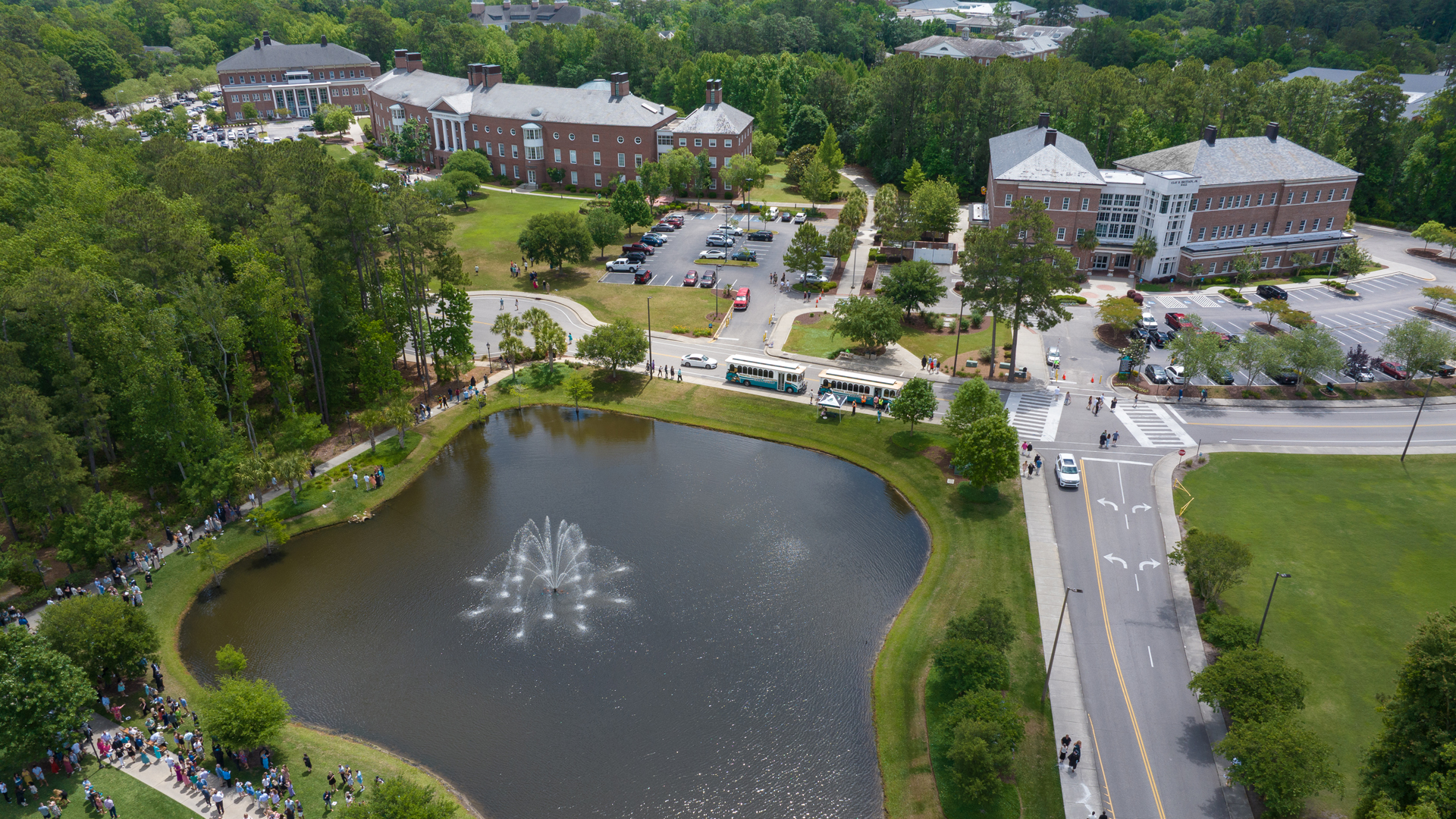 Aerial of Wall, HTC Center pond, & Penny Hall