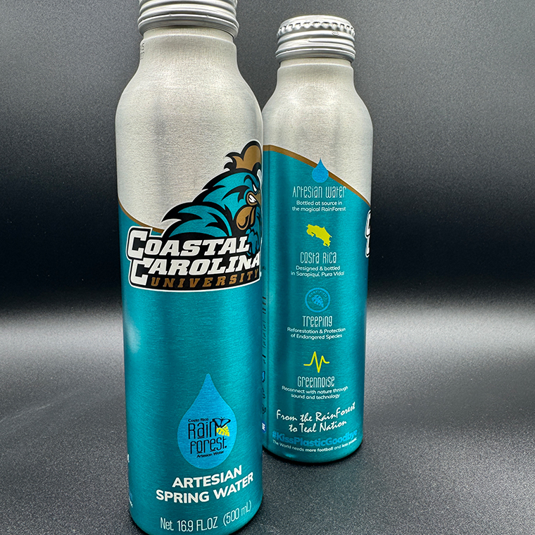 New CCU-branded Costa Rican RainForest Artesian Water in aluminum bottles support campus sustainability efforts