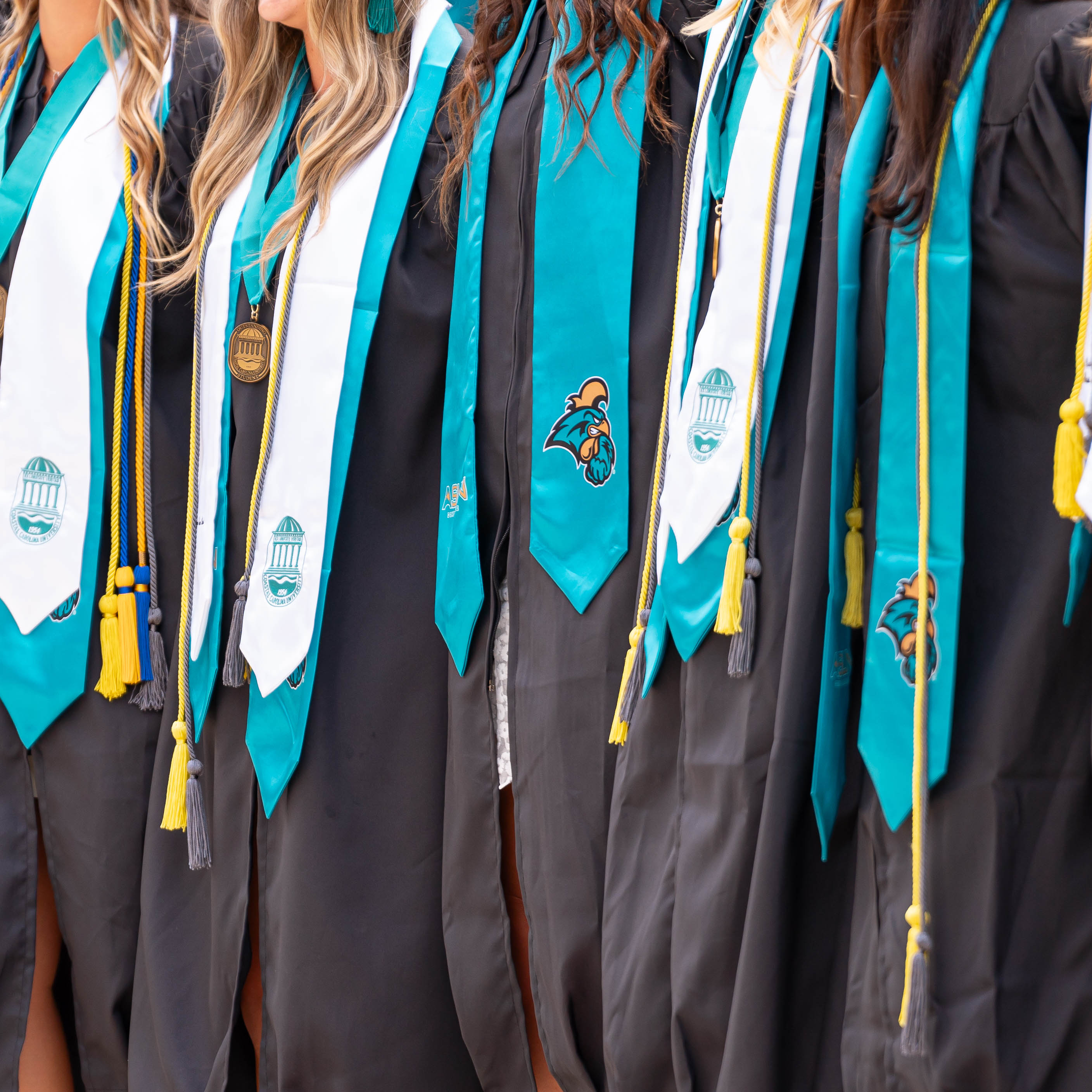 Students in a line dressed in regalia